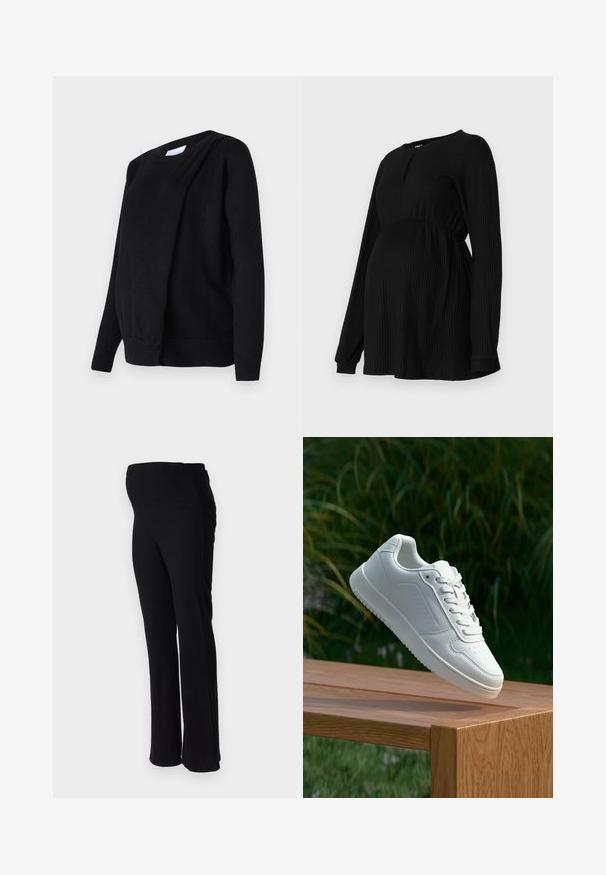 Mustvalge kudumiga sviiter, millel on pikad varrukad, ümar kaelus ja lopsakas esiosa disain, mis lisab mugavust ja stiili.; Musthave mustrasedega mustrasedega vöökoht, ümar kaelus ja väike aukdetail ees.; ONLY MATERNITY OLMHALLE - Püksid - black; Valged sneakerd, millel on sile sünteetiline ülemine osa, väikeste aukudega varvaskast, lamedad paelad ja tekstuuriga tald, eksponeeritud puidust pinnal.