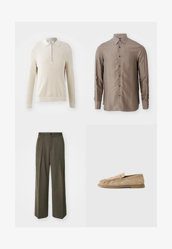 Crèmekleurige geribbelde trui met een ritskraag, lange mouwen en een relaxte pasvorm, met een gebreid textuurpatroon en elastische zoom.; Langarm overhemd in een taupe kleur, gemaakt van een gladde stof, met een knoopsluiting aan de voorkant en donkere knopen, voorzien van een klein logo op de borst.; Filippa K WIDE TROUSERS - Broek - driftwood; Beige suède instappers met een geraffineerd ontwerp, voorzien van een platte zool en een decoratieve strap over de wreef. Glad van structuur.