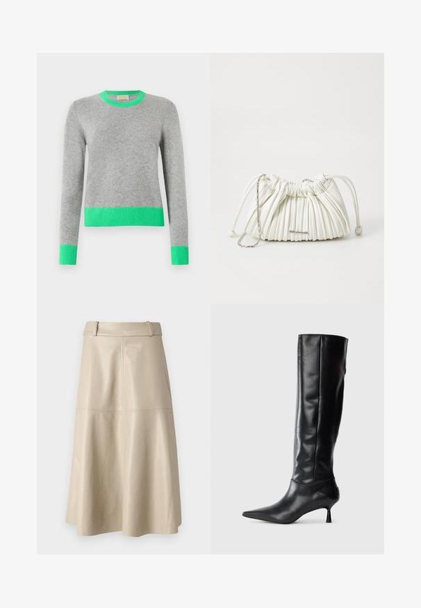 Long-sleeve gray sweater with bright green ribbed collar, cuffs, and hem, displayed against a plain white background.; Beige leather midi skirt with a smooth texture, wide waistband, and flared hem; features stitched seams for added detail.; Black leather knee-high boot with a pointed toe and slim curved heel. Smooth texture, fitted design, and no visible hardware or patterns.; White pleated handbag made of soft material. Features drawstring closure, braided handles, and a silver-tone hardware accent.