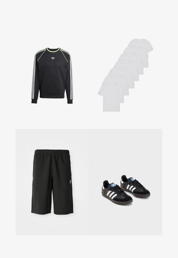 Černá mikina s bílým designem tří pruhů na rukávech a limetkovými akcenty. Má kulatý výstřih a malé logo na hrudi.; Bílé bavlněné trička s krátkým rukávem, design s kulatým výstřihem, jednobarevná textura, naskládána do řady, s jemným brandingem na výstřihu.; Černé bavlněné šortky s elastickým pasem, bočními švy a malým bílým logem na levé noze. Hladká textura, délka ke kolenům.; Černé tenisky s vrškem z semiše a syntetického materiálu, s třemi bílými pruhy, texturovanou gumovou podrážkou a modrou nášivkou loga na jazyku.