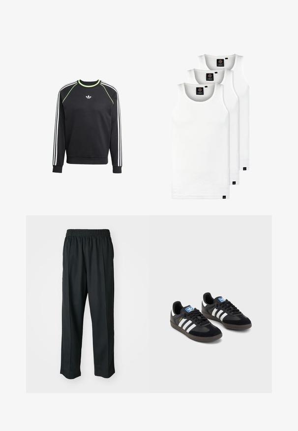 Sweatshirt preto com design de três riscas brancas nas mangas e detalhes em verde limão. Apresenta um decote redondo e um pequeno logo no peito.; Três tops em algodão de alças brancas com nervuras. Apresentam um decote redondo e pequenas etiquetas pretas perto da bainha. Disponíveis em vários tamanhos.; Calças atléticas pretas com um cós elástico, feitas de tecido suave, com costuras laterais discretas e um ajuste descontraído, design de perna reta.; Sneakers pretos com parte superior em camurça e sintético, apresentando três riscas brancas, sola de borracha texturizada e etiqueta azul no linguete.