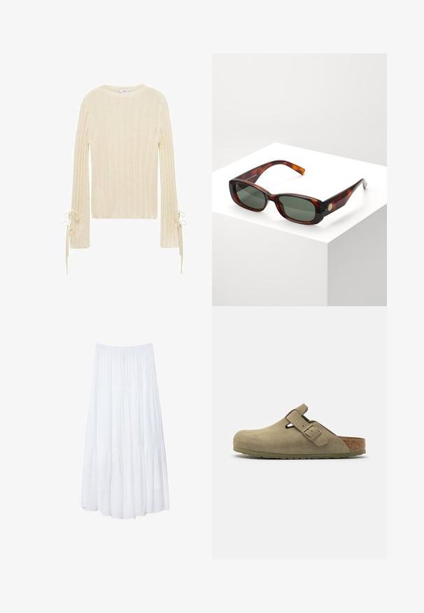 Mango Jumper - beige; White, tiered maxi skirt made of lightweight fabric. Features an elastic waistband and flowing design with soft, subtle texture.; Olive suede clog with a round toe, adjustable strap, cork footbed, and textured rubber sole, featuring a smooth finish and cut-out detail.; Tortoiseshell rectangular sunglasses with green lenses. Wide frame, smooth finish, gold accent on the side, and slim temples.; Woven yellow handbag with a curved top handle and an unstructured shape. The textured surface features a crisscross pattern throughout.