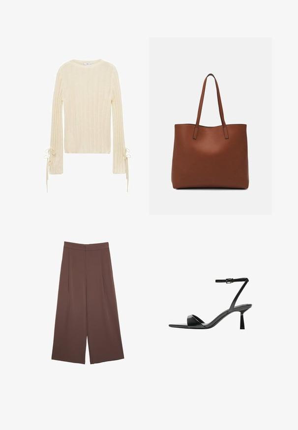 Mango Maglione - beige; Pantaloni ampi marroni con una texture liscia, caratterizzati da una vita alta e pieghe frontali. Il tessuto è leggero e scorre liberamente.; Bershka Sandali con tacco - black; Borsa tote in pelle marrone con texture liscia, design con apertura superiore e due spallacci. Presenta cuciture minime e nessun hardware visibile.