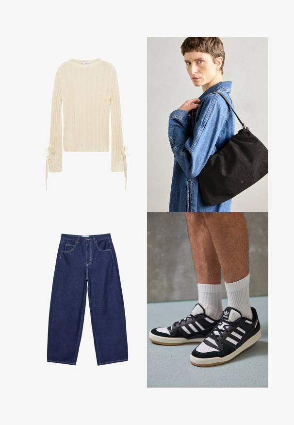 Mango Neule - beige; Tummansiniset farkkuisot, joissa on leveät lahkeet ja korkea vyötärö, viisi taskua sekä kontrastivalkoinen ompelu. Suora pinta, klassinen muotoilu.; Valkoiset ja mustat tennarit, joissa on mokkanahka- ja nahkapäällinen, kolme valkoista raitaa, rei'itetty kärki ja kumipohja.; Musta mokkanahkainen käsilaukku, jossa on pehmeä, rakenteellinen muoto, ohut nahkaremmi ja hienovarainen brändilogo. Mallilla on päällä farkkutakki.