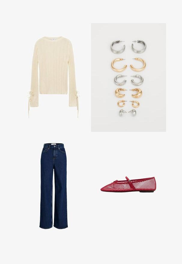 Mango Trui - beige; High-waisted, donkerblauwe denim jeans met wijde pijpen, een knoop aan de voorkant en een ontwerp met vijf zakken.; Rode mesh ballerina's met een spitse neus, voorzien van een dunne band en een gespdetail. De bovenkant heeft een open honingraatpatroon.; Set van acht metalen oorbellen in zilver- en gouddoor. Inclusief verschillende stijl van hoepels, texturen en afwerkingen, gerangschikt op grootte.