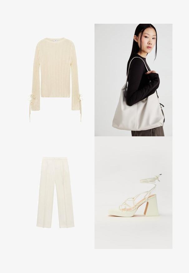 Mango Pulover - beige; Hlače širokih nogavic v svetli kremni barvi. Narejene iz gladkega materiala s plitkimi naborki spredaj in stranskimi žepi.; Bela sandala na visokih petah s debelim petam, ki ima obliko trakcev in vezanje okoli gležnja. Gladka tekstura z platformo spredaj za dodatno višino.; Bežna torbica iz mehkega materiala, z ohlapno zasnovo, šivi in dvema naramnicama. Primerna za vsakodnevno uporabo.