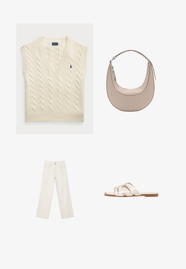 Kremno barvana pletena brezrokavnik s črnim izrezom v obliki črke V, s kabelskimi vzorci in majhnim modrim logotipom na levi strani.; Beli široki traper hlače, izdelane iz denima, z visokim pasom, sprednjimi žepi in gumbnim zapiranjem. Čista zasnova z minimalnimi detajli.; Ravne sandale s svetlo rjavim gumijastim podplatom, zasnovane s tremi prekrivajočimi se belimi usnjenimi trakovi in majhnim lokom na sredini.; Bež usnjena torba za rame v obliki kružnice, z gladko teksturo in eno ukrivljeno zanko. Ima zadrgo in urejen šiv.