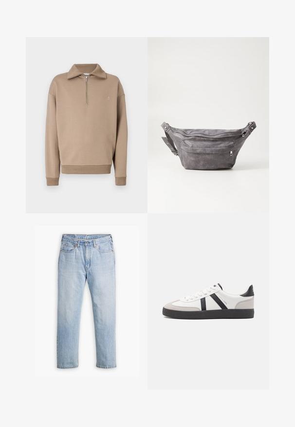 Felpa beige con alto colletto e zip a metà. Realizzata in morbido tessuto con polsini e orlo a coste, presenta un piccolo logo sul petto.; Jeans in denim blu chiaro con design a gamba dritta, stile a cinque tasche e cuciture a contrasto. Chiusura con bottone e zip in vita.; Sneaker bianco con accenti neri e grigi, dotata di una punta grigia testurizzata, suola in gomma nera e lacci bianchi piatti. Design pulito, stile minimalista.; Fanny pack in suede grigio con forma arrotondata, due scomparti con cerniera e tracolla regolabile. Presenta dettagli in metallo.