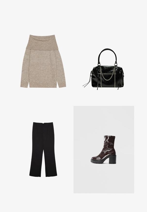 Jasnobrązowy sweter z dzianiny z szerokim, złożonym kołnierzem. Posiada długie rękawy i ribbowane mankiety. Miękka faktura, prosty design.; Czarne spodnie o prostym kroju, z przednimi kieszeniami i bocznymi rozcięciami na dole. Wykonane z miękkiego, gładkiego materiału. Odpowiednie na różne okazje.; Błyszczące bordowe botki za kostkę z masywną czarną obcasem, charakteryzujące się gładką teksturą i prostym wzornictwem. Brak widocznych zapięć lub wzorów.; Bershka - Torebka