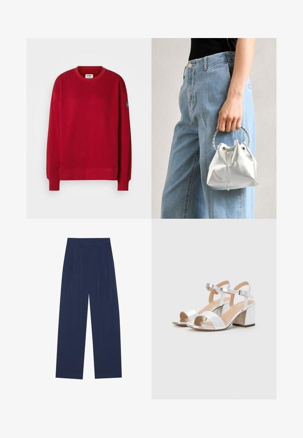 Czerwona bluza z bawełny z długimi rękawami, okrągłym dekoltem, ściągaczami przy nadgarstkach oraz naszywką na lewym rękawie.; Granatowe spodnie o szerokich nogawkach, wykonane z miękkiego materiału, z przodem w kant, gładką fakturą i prostym krojem bez widocznych kieszeni.; Srebrne sandały na wysokim obcasie z otwartymi palcami, z dwiema szerokimi paskami i zaokrąglonym blokowym obcasem. Gładka tekstura z metalicznym wykończeniem.; Metaliczna srebrna torba typu bucket z teksturowanym wykończeniem, ozdobiona okrągłym srebrnym uchwytem i zaciąganym zapięciem, trzymana na tle jasnoniebieskich dżinsów.