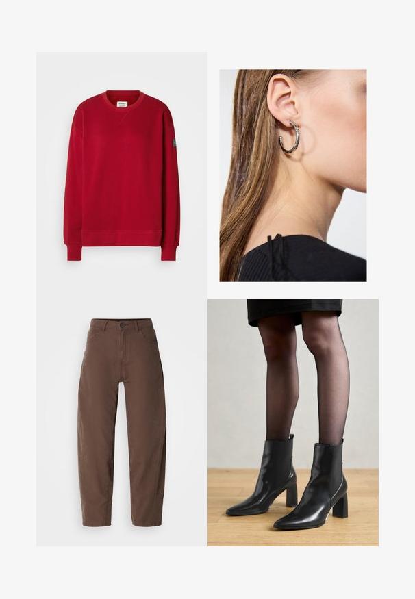 Rød hettegenser laget av bomullsblanding med lange ermer, rund halslinning, ribbestrikkede mansjetter og et merke på venstre erme.; Brune rette bukser med frontknap og lynlås, bæltestropper og sidelommer, vist på en hvid baggrund.; Sorte ankelstøvler i skinn med spiss tå, chunky firkantet hæl, og slank design. Har elastiske sidede paneler for enkel påføring.; Sølv ringøredob med en polert finish, med små gull detaljer og en rund form, båret på øreflippen.