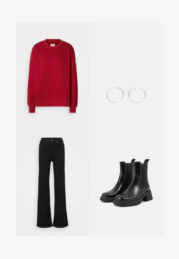 Κόκκινη αθλητική μπλούζα από μείγμα βαμβακιού με μακριά μανίκια, στρογγυλή λαιμόκοψη, ριμπ μανσέτες και με μια θήκη στον αριστερό μανίκι.; Μαύρα φαρδιά τζιν από τζην υλικό, με ψηλή μέση, πέντε τσέπες και μεταλλικό κούμπωμα. Λείο υφή με ελάχιστες λεπτομέρειες.; Μαύρα δερμάτινα μποτάκια Chelsea με χοντρό τακούνι, ελαστικές πλευρικές επενδύσεις και αντίθετη λευκή ραφή. Υφή με υφιστάμενη αίσθηση.; Ασημένια σκουλαρίκια κρίκοι με κομψό, στρογγυλό σχέδιο, που διαθέτουν λεία επιφάνεια και χωρίς ορατά διακοσμητικά στοιχεία. Η διάμετρος δεν αναφέρεται.