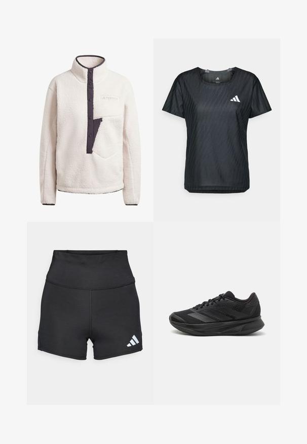 Bijeli flis pulover s visokim ovratnikom, kopčanjem na dugmadima i tamnoplavim polu-zip džepom. Sadrži teksturiranu tkaninu i izvezeni logo.; Crna sportska majica s okruglim izrezom, kratkim rukavima i teksturiranim materijalom s suptilnim uzorkom. Na prednjoj strani prikazan je bijeli logo.; adidas Performance Tajice - black; Crne trkaće tenisice s prozračnom mrežastom gornjom konstrukcijom, zaobljenim prstima, elegantnim dizajnom, teksturiranim detaljima i mekanim potplatom za udobnost.