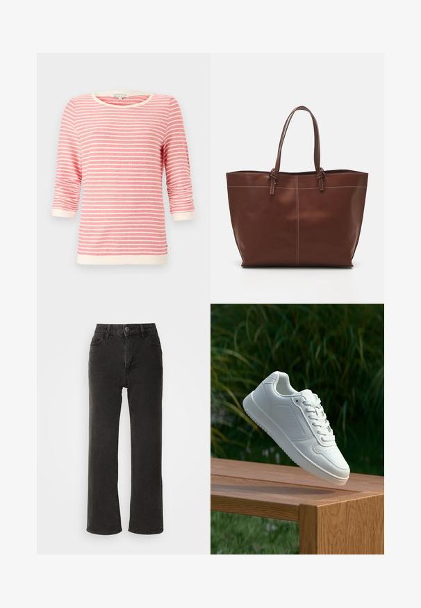 Korall színű, fehér vízszintes csíkos, háromnegyedes ujjú felső. Bordás nyakkal és mandzsettákkal, puha anyaggal és laza szabással rendelkezik.; Fekete, bő szárú farmernadrág, elöl gombos záródással, övhurkokkal és öt zsebbel, enyhén kopott textúrával.; Fehér sportcipő sima szintetikus felsőrésszel, perforált lábujjrész, lapos fűzőkkel és texturált talppal, fából készült felületen kihelyezve.; Barna bőr bevásárlótáska dupla fogantyúval, kontrasztvarrás jellemzi, tágas kialakítással, mindennapi használatra alkalmas.