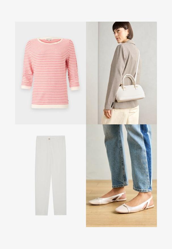 Trīs ceturtdaļu piedurkņu tops korallkrāsā ar baltām horizontālām svītrām. Iezīmēts ar ribotu kaklu un aprocēm, mīkstu audumu un brīvu piegriezumu.; Baltas, pielāgots bikses ar taisnu kāju dizainu, ar pogu aizdari, jostu cilpām un sānu kabatām; gluda auduma tekstūra.; Bālti rozā siksniņu dzīvokļi ar smailu purngalu, izgatavoti no gludas ādas līdzīgās materiāla. Iezīmē izgriezumu detaļas sānos un platu papēdi.; Balta strukturēta roku soma ar īsām rokturiem un plecu siksnu, ar zelta aparatūras akcentiem un strukturētu materiālu, izstādīta uz pelēka fona.