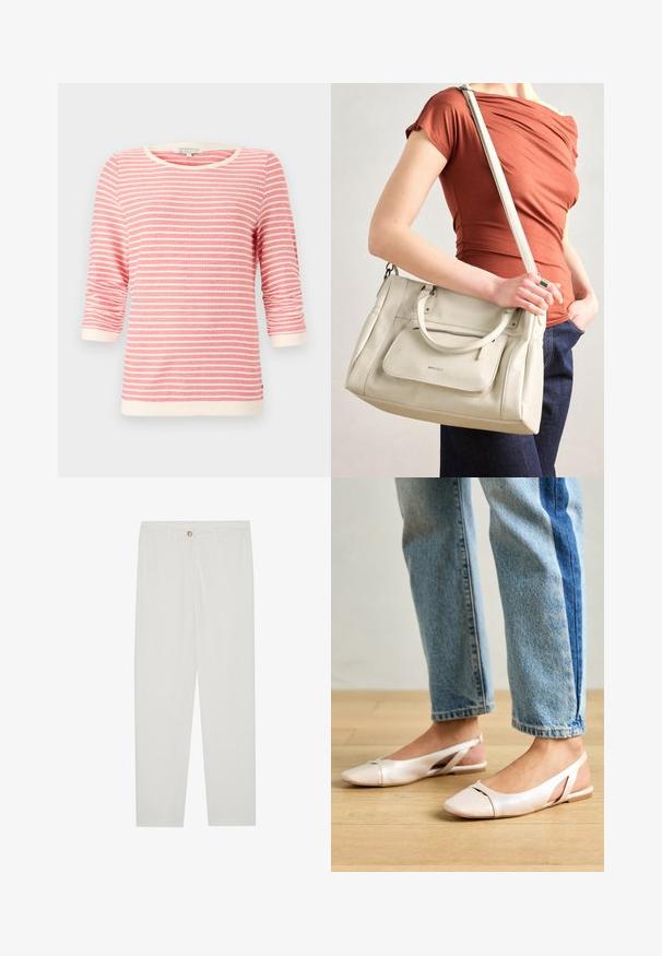 Driekwartmouwen top in koraal met witte horizontale strepen. Beschikt over een geribde hals en manchetten, zacht materiaal en een ontspannen pasvorm.; Witte, op maat gemaakte broek met een rechte pijpdesign, featuring een knoopsluiting, riemlussen en zijzakken; gladde stoftextuur.; Zachtroze slingback ballerina's met een spitse neus, gemaakt van een glad leerachtig materiaal. Bevat uitsnijdingen aan de zijkanten en heeft een platte hak.; Witte leren handtas met dubbele handgrepen en een afneembare schouderband, met een voorzak met rits en een gladde textuur. Draagend aan de arm van een persoon.
