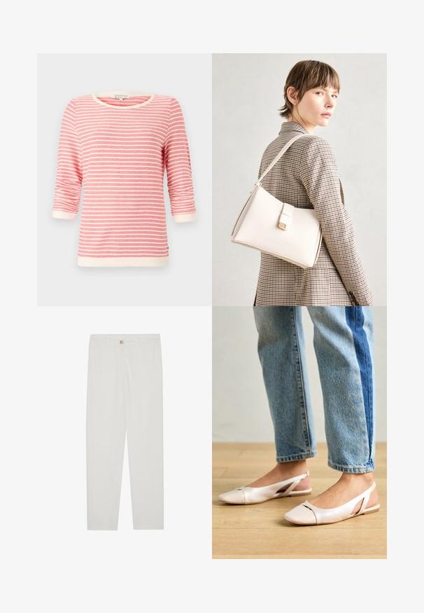 T-shirt s tričetrtnimi rokavi v koralni barvi z belimi vodoravnimi črtami. Ima rebrast ovratnik in manšete, mehak material in sproščen kroj.; Bela, krojena hlače z ravnimi nogami, ki vključujejo gumbasto zapiranje, zanke za pas in stranske žepe; gladka tekstura tkanine.; Svijetloružičaste slingback balerinke s šiljastim nožnim prstima, napravljene od glatkog materijala nalik koži. Imaju izrezane detalje sa strane i ravne pete.; Bela usnjena torba s strukturirano zasnovo, opremljena z magnetnim zapiranjem in naramnico, prikazana na nevtralni ozadju.
