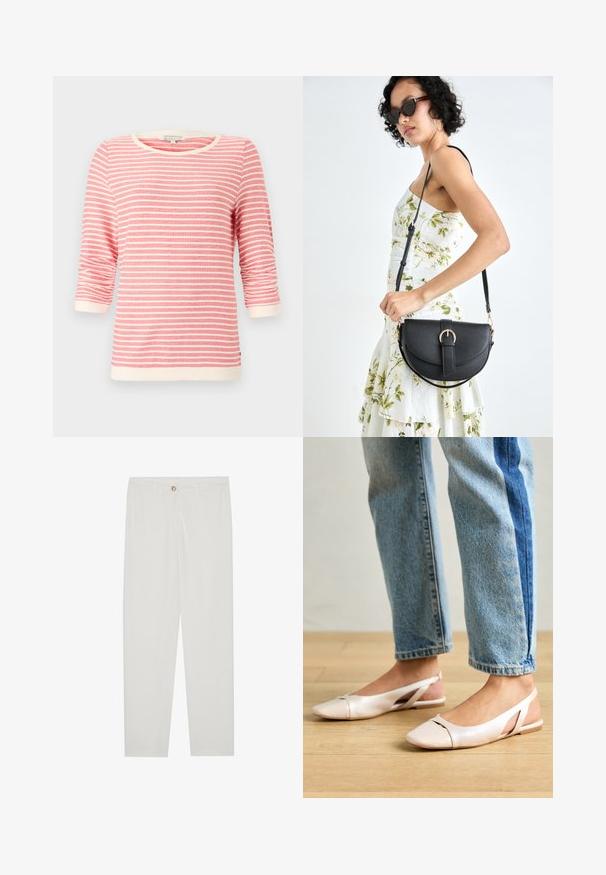 Camiseta de tres cuartos de manga en color coral con rayas horizontales blancas. Presenta un cuello y puños acanalados, tejido suave y un corte holgado.; Pantalones blancos, ajustados, con un diseño de pierna recta, que cuentan con un cierre de botón, lazos para cinturón y bolsillos laterales; textura de tela suave.; Bailarinas de color rosa pálido con tiras traseras y punta puntiaguda, fabricadas con un material similar al cuero suave. Presentan detalles recortados en los laterales y un tacón plano.; Bolso de piel negra con forma curva, correa desmontable y herrajes dorados. El bolso cuenta con una solapa con un detalle de hebilla.