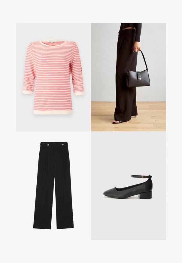 Driekwartmouwen top in koraal met witte horizontale strepen. Beschikt over een geribde hals en manchetten, zacht materiaal en een ontspannen pasvorm.; Zwarte wijde broek met hoge taille, knoopdetails op de tailleband en plooien aan de voorkant.; Zwarte leren pump met een spitse neus en een lage blokhak. Beschikt over een enkelband met een goudkleurige gespsluiting. Gladde textuur.; Zwarte handtas met gestructureerde vorm, gladde textuur en een metalen sluiting. Gecombineerd met brede zwarte broeken en sandalen met open teen op een houten vloer.