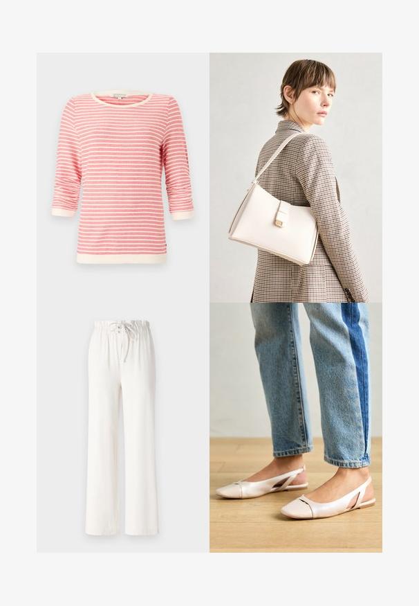 Tops s tričetračkim rukavima u koraljnoj boji s bijelim horizontalnim prugama. Ima rebrasti dekolte i manžete, mekanu tkaninu i opušteni kroj.; Bijele hlače širokih nogavica napravljene od mekog materijala, s elastičnim pojasom i glatkom teksturom. Nema vidljivih uzoraka ili ukrasa.; Svijetlo ružičaste slingback balerinke s šiljastim vrhom, izrađene od glatkog materijala nalik koži. Sadrže izrezane detalje sa strane i ravnu petu.; Bijela kožna torba s čvrstim dizajnom, s magnetskim kopčanjem i remenom za rame, prikazana na neutralnoj pozadini.