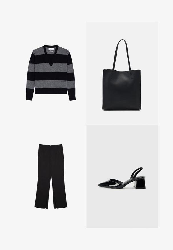 Scalpers Jumper - black stripes; Black trousers with a straight fit, featuring front pockets and side slits at the hem. Made of soft, smooth fabric. Suitable for various occasions.; Black patent leather slingback heels with a pointed toe and a geometric block heel. Features a sleek, minimal design and smooth texture.; Black leather tote bag with smooth texture, rectangular shape, and two long handles. No visible hardware or embellishments.