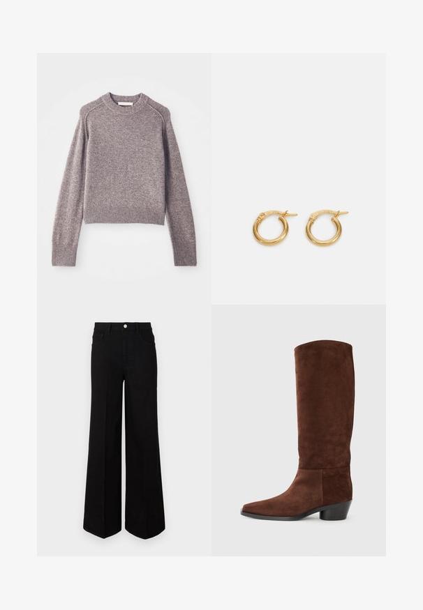 Pull en tricot marron clair avec des manches longues, des poignets et un bas côtelés, et un col rond.; Jean large noir fabriqué dans un tissu robuste, avec une taille haute, des poches avant et une fermeture à bouton à l'avant. Ourlet plat en bas.; Botte en daim marron jusqu'au genou avec un bout carré, surface texturée et un petit talon bloc. Design simple sans matériel ou accents visibles.; Boucles d'oreilles en or avec une finition polie, présentant une forme ronde lisse et un fermoir sécurisé. Design simple sans embellissements supplémentaires.