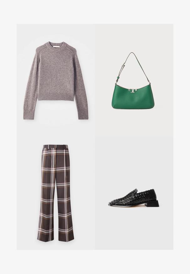 Pulover tricotat de culoare maro deschis, cu mâneci lungi, manșete și tiv cu dungi, și un guler rotund.; Stine Goya FRONT PLEAT LONG STRAIGHT PANTS CASUAL TAILORING - Pantaloni - dark brown; Pantofii negri din piele împletită, cu talpă joasă și detalii ondulate, expuși pe un fundal alb.; Geantă de mână din piele verde, cu o formă diagonală, accente din metal argintiu, finisaj texturat și un singur mânere de umăr ajustabil.