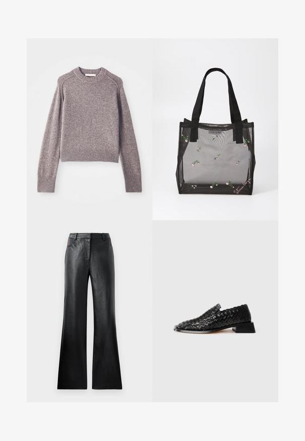 Pull en tricot marron clair avec des manches longues, des poignets et un bas côtelés, et un col rond.; Pantalon évasé en cuir noir avec une texture lisse, comportant deux poches avant avec des accents noirs et marron près de la taille.; Chausson en cuir noir tressé à enfiler avec un petit talon carré et des détails festonnés, présenté sur un fond blanc.; Sac fourre-tout en mesh noir avec des motifs floraux brodés, doté de poignées noires robustes et d'une étiquette de logo à l'avant. Matériau translucide.