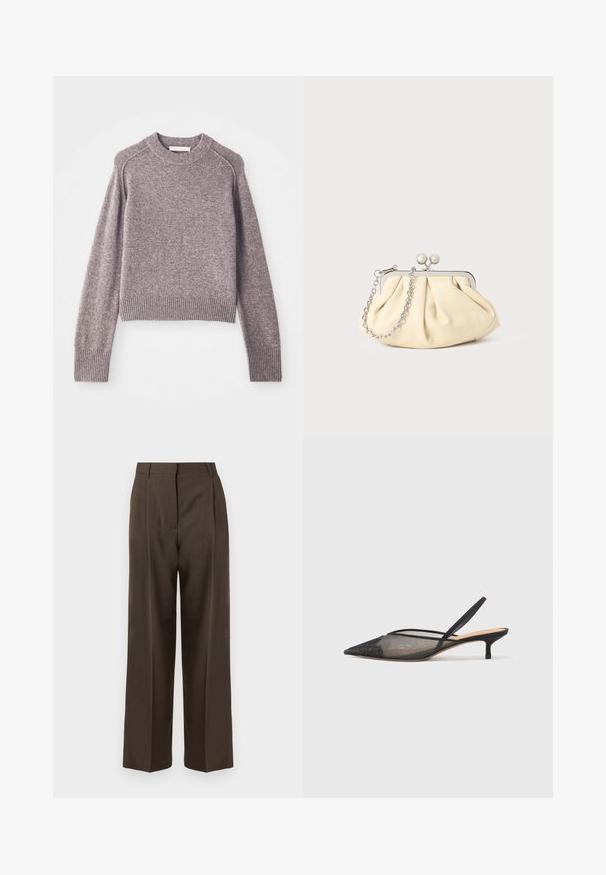 Light brown knitted sweater with long sleeves, ribbed cuffs and hem, and a round neckline.; Brown wide-leg trousers with a smooth texture, featuring a high waist, front pleats, and a tailored design. No visible pockets or embellishments.; NEOUS IRENA - Classic heels - black; Pleated beige leather clutch with a silver metal frame, featuring two round decorative clasps and a silver chain strap.
