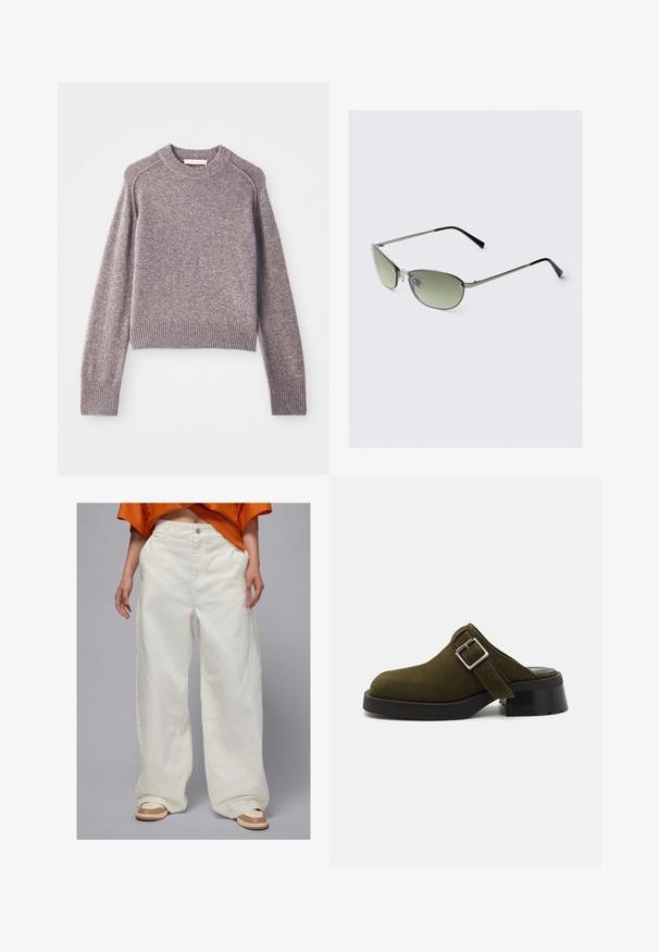 Maglione lavorato a maglia color marrone chiaro con maniche lunghe, polsini e orlo a costine, e scollatura tonda.; Pantaloni in denim bianco a gamba larga con tasche laterali e design a taglio dritto, dotati di chiusura con bottoni e dettagli di cucitura a contrasto.; Mule in suede verde oliva con tacco basso e spesso nero. Presenta una fascia laterale con una fibbia argentata per la regolazione. Texture liscia complessiva.; Occhiali da sole in metallo con lenti verdi allungate, montatura sottile in argento e puntali neri. Presentano piccoli naselli per maggiore comfort.