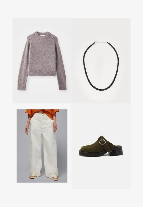 Svijetlosmeđi pleteni pulover s dugim rukavima, rebrastim manžetama i rubom, te okruglim izrezom.; Široke bijele traperice s bočnim džepovima i ravnim krojem, s kopčanjem na gumb i kontrastnim šavovima.; Maslinasto zeleni suede mule s niskim, debelim crnim potplatom. Ima bočnu traku s srebrnom kopčom za podešavanje. Ukupno glatka tekstura.; Niz tamnih perli s iridescentnim flekovima, okruglih i diskastih oblika, povezanih zlatnim lančićem s kopčom na jednostavnoj bijeloj pozadini.