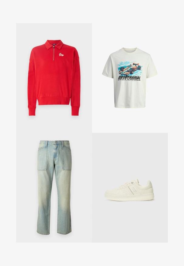 Punane kapuutsiga särk, millel on kvartzip, pehme tekstuur, ribilised varrukasamendid ja alläär, ning rinnal on brodeeritud valge "Gap" logo.; Valge puuvillane T-särk, millel on graafiline trükk võidusõiduaudiga, siniste ja oranžide aktsentidega ning tekst "AERODÜNAAMIKA". Lõdva istuvusega.; Hele sinine denimist teksad sirge säärega, nähtavate õmblustega ja kahe suuri esikotti. Kude on pleekinud tekstuuriga.; Koor valged tossud perforatsiooni detailide, nööpide ja külje logo ka, esitatud ühtlase valge tausta ees.