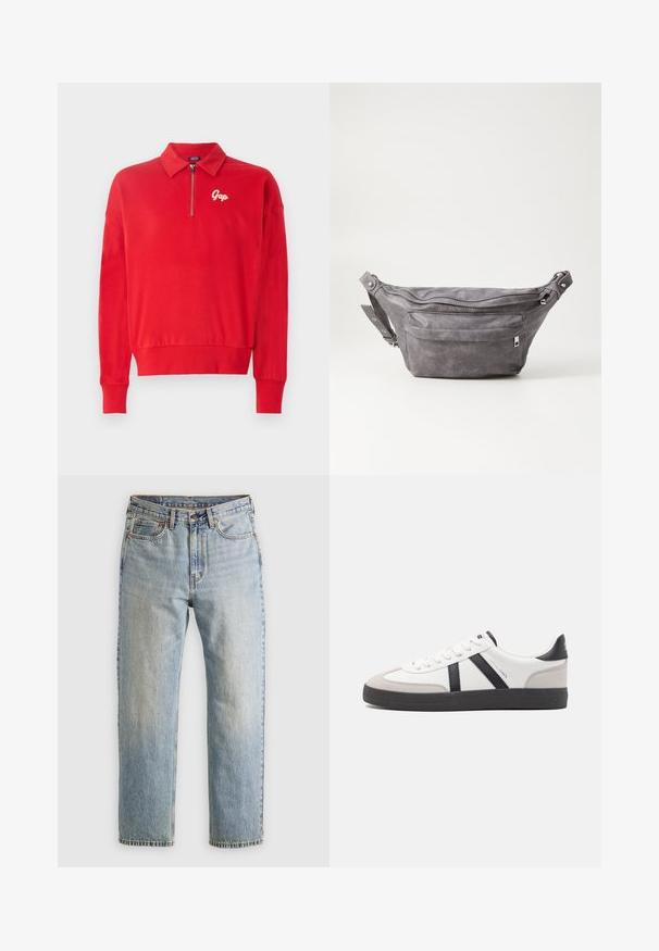 Rød hettegenser med kvart glidelås, myk tekstur, ribbede mansjetter og nederkant, med et brodert hvitt "Gap"-logo på brystet.; Lys blå denim jeans med høy midje, frontknapp, glidelås og fem-lommers design, lagt flatt på en nøytral bakgrunn.; Hvite sneakers med svarte og grå detaljer, med en teksturert grå tåhette, svart gummisåle, og flate hvite lisser. Rent design, minimalistisk stil.; Grå semsket fanny pack med avrundet form, to glidelåslommer og justerbar stropp. Har metallbeslag som detaljer.