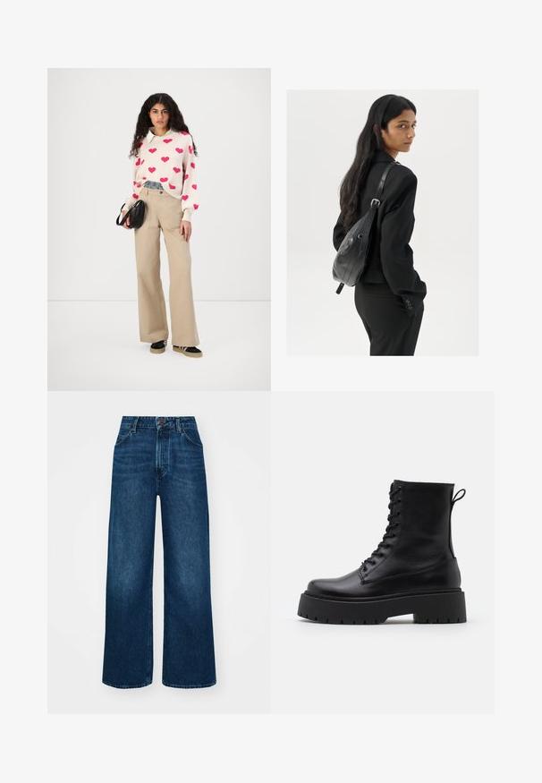 Strickpullover mit pinken Herzmustern, cremefarbener Basis, kombiniert mit beigen, weitem Hosen. Das Model hält eine schwarze, strukturierte Handtasche. Schwarze Sneaker.; Hochtaillierte, weit geschnittene Jeans in dunkelblauem Denim mit glatter Textur, Kontrastnähten und einem Fünf-Taschen-Design. Verschluss mit einem Frontknopf.; Schwarze Lederstiefeletten mit runder Zehenpartie, Schnürung vorne und einer dicken Gummisohle mit strukturiertem Profil. Mit Zugschlaufe an der Rückseite.; Frau mit langen dunklen Haaren, die einen schwarzen Anzug trägt und eine schwarze Lederschultertasche hält, schaut über ihre Schulter vor einem weißen Hintergrund.