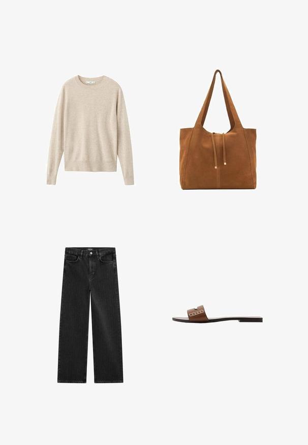 Beige svetr vyrobený z měkkého materiálu, s kulatým výstřihem a dlouhými rukávy. Jednoduchý design bez vzorů nebo ozdob.; Široké černé džínové kalhoty s jemným vertikálním pruhovaným vzorem, s pěti kapsami a klasickým zapínáním na knoflík v pase.; Hnědé kožené skluzné sandály s plochou podrážkou, které mají široký pásek a bílé geometrické akcenty pro minimalistický design.; Hnědá semišová taška s dvěma dlouhými popruhy, stahovací šňůrkou a minimalistickým designem. Hladký povrch a žádné viditelné kovové akcenty.