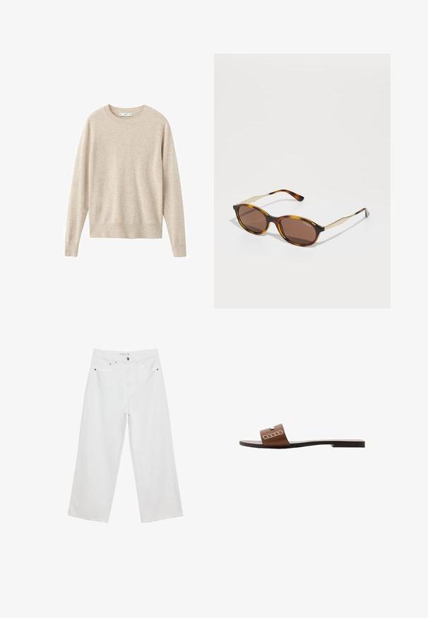 Beige Pullover aus weichem Material, mit rundem Ausschnitt und langen Ärmeln. Einfaches Design ohne Muster oder Verzierungen.; Weiße Jeans im weit geschnittenen Design aus Denim mit hoher Taille, ausgestattet mit fünf Taschen und Metallbeschlägen. Glatte Textur, keine sichtbaren Muster.; Braune Leder-Slidesandalen mit flacher Sohle, ausgestattet mit einem breiten Riemen und weißen geometrischen Akzenten für ein minimalistisches Design.; Sonnenbrille aus Schildpatt mit runden, dunkelbraunen Gläsern. Besitzt goldene Akzente an den Scharniere und eine glänzende Oberfläche. Markenname auf dem Gestell sichtbar.; Denim-Handtasche mit geschwungener Form, hellblauer Farbe, verstellbarem Schultergurt und einem kleinen abnehmbaren Täschchen mit metallischen Akzenten.