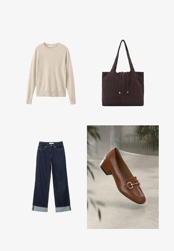 Beige svetr vyrobený z měkkého materiálu, s kulatým výstřihem a dlouhými rukávy. Jednoduchý design bez vzorů nebo ozdob.; Tmavě modré kalhoty s širokými nohavicemi a vysokým pasem, s ohrnutými manžetami, kontrastním prošíváním a pěti kapsami. Vyrobené z denimové tkaniny.; Hnědé lakované kožené mokasíny se čtveratou špičkou, kovovým řetízkovým akcentem a nízkým blokovým podpatkem; hladká textura, minimalistický design.; Mango Velká kabelka - dark brown