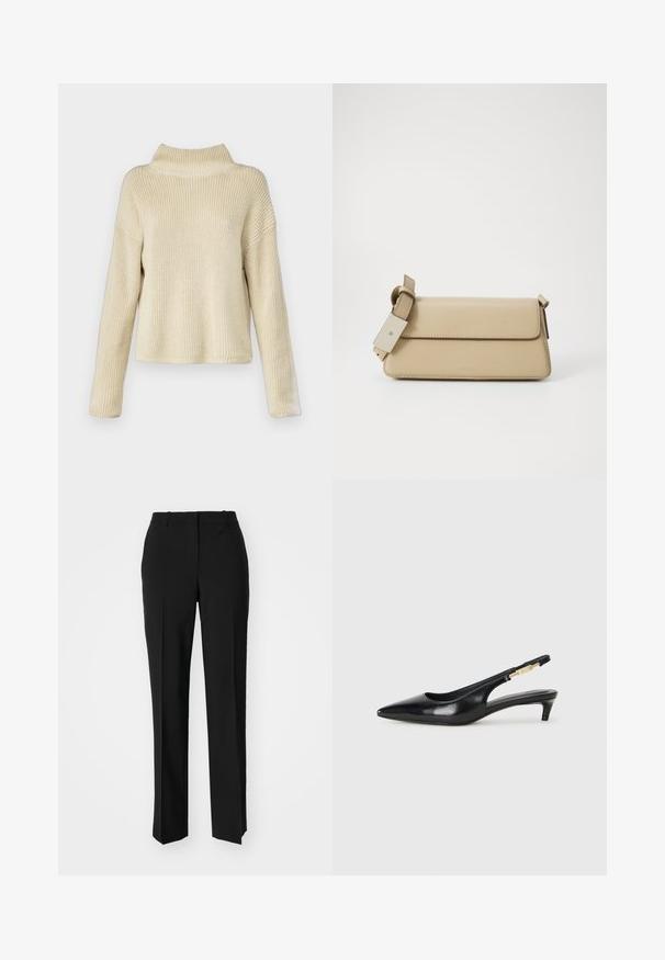 Κρεμ μπλε πλεκτό πουλόβερ με ψηλό γιακά, με χαλαρή εφαρμογή και ραμμένο υλικό, μακριά μανίκια και κοντή μέτρηση.; Μαύρο παντελόνι με ραφή που έχει σχεδιασμό ίσιας γραμμής, διαθέτει λεία υφή και καθαρές πτυχώσεις κατά μήκος της μπροστινής πλευράς. Χωρίς ορατό μεταλλικό υλικό.; Μαύρες δερμάτινες γόβες slingback με μυτερή μύτη, διαθέτοντας λεπτό τακούνι και χρυσή λεπτομέρεια στην ρυθμιζόμενη λωρίδα. Λείος υφές.; Μπεζ τσάντα ώμου από τεχνητό δέρμα με κλείσιμο καπάκι, ρυθμιζόμενο λουρί και μίνιμαλ σχέδιο. Διαθέτει διακριτική ραφή και ανάγλυφο λογότυπο.