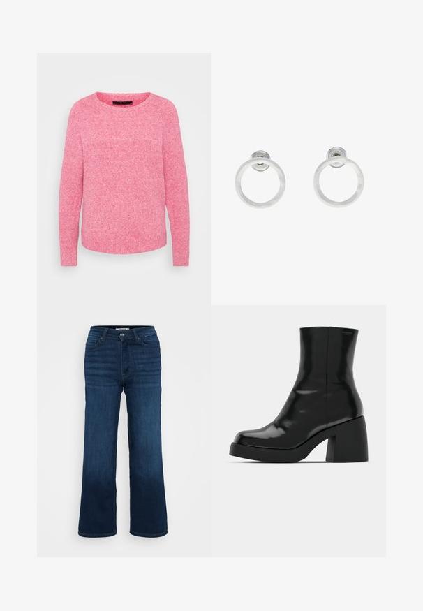 Roza pletena svetilka z okroglo ovratnico, dolgimi rokavi in teksturirano površino. Preprost dizajn brez vidnih vzorcev ali dodatkov.; ONLY Petite ONLMADISON BLUSH WIDE - Široke hlačnice - dark blue denim; Črne gležnjarje z sijajno površino, kvadratnim nosom in debelim blokskim peto. Oblikovanje izstopa s brezšivno silhueto in minimalnim logotipiranjem.; Srebrni kovinski obročasti uhani z brušenjem, s krožno obliko in prozornim zatičem za varno nošenje.