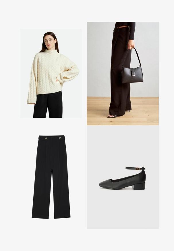 Naine kannab ülemõõdulist koorevärvi kaabli-kudumisega särk, millel on bocci-suusad ja mustad laiad püksid, seistes ühe käega puusal.; Mustad laiad püksid kõrge vöökoha ja nööpdetailidega vööandil, esikortsudega.; Must mustaapp, millel on terav nina ja madal blokk-kand. Omab pahkluu rihma koos kuldse tooni pandlaga. Sile tekstuur.; Must musta kott, millel on struktureeritud kuju, sile tekstuur ja metallist klamber. Kombineeritud laiate mustade pükstega ja avatud varvaste sandaalidega puidust põrandal.