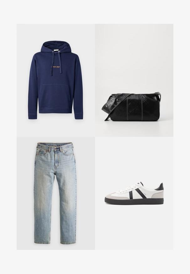 Marineblauwe hoodie van katoen met een kangoeroezak, capuchon met trekkoord en geborduurde tekst op de borst. Eenvoudig ontwerp met geribbelde manchetten.; Lichtblauwe denim jeans met hoge taille, frontknop, rits en vijfzakkenontwerp, plat gelegd op een neutrale achtergrond.; Witte sneaker met zwarte en grijze accenten, voorzien van een grijze neus met textuur, zwarte rubberen zool en platte witte veters. Schoon ontwerp, minimalistische stijl.; Zwarte leren schoudertas met een ritsluiting, voorzien van een gestructureerd lichaam, witte stiksels en een band met zilveren oogjes.