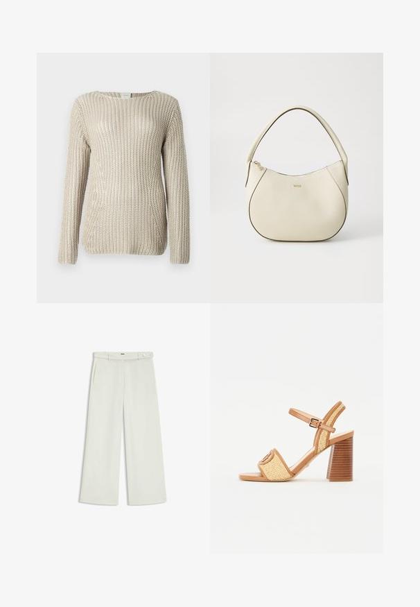 Suéter de punto beige con un diseño suelto y texturizado, cuello ancho y mangas largas, fabricado en un material suave y ligero.; Pantalones de pierna ancha en tejido crema claro, con bolsillos laterales, frontales lisos y un cierre de botón único en la cintura. Textura suave.; Sandalias de tacón de cuero marrón y paja trenzada, con una correa en el tobillo, punta abierta y un tacón grueso parecido a la madera con rayas horizontales.; Bolso color crema con acabado texturizado, forma curvada, asa corta y detalle del logotipo en tono dorado. Cierre con cremallera en la parte superior.