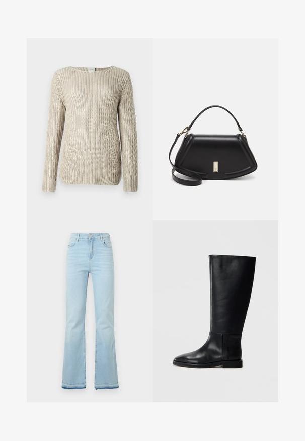 Pulover tricotat bej, cu un design liber și texturat, guler larg și mâneci lungi, realizat dintr-un material moale și ușor.; Jeanși evazați de culoare bleu deschis, fabricați din denim, cu talie înaltă, buzunare frontale și margini brutale la mansete pentru un look casual.; Cizmă neagră din piele până la genunchi, cu vârf rotund, textură netedă, design minimalist și talpă plată. Detalii simple de cusătură pe tijă.; Geantă de umăr din piele neagră, cu un design structurat, având o formă tăiată, mânere superioare și accente din aur. Include o curea de umăr ajustabilă.