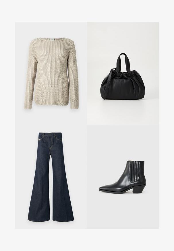 Beige knitted sweater featuring a loose, textured design, wide neckline, and long sleeves, made from a soft, lightweight material.; Dark blue flared jeans made of denim, featuring a high waist, gold stitching accents, and two front pockets with a button closure.; Black leather ankle boot with pointed toe, elastic side panels with vertical grooves, and a low block heel. Smooth texture and sleek design.; Black leather handbag with a gathered top design, featuring two short handles and a long adjustable strap. Smooth texture, rounded shape.