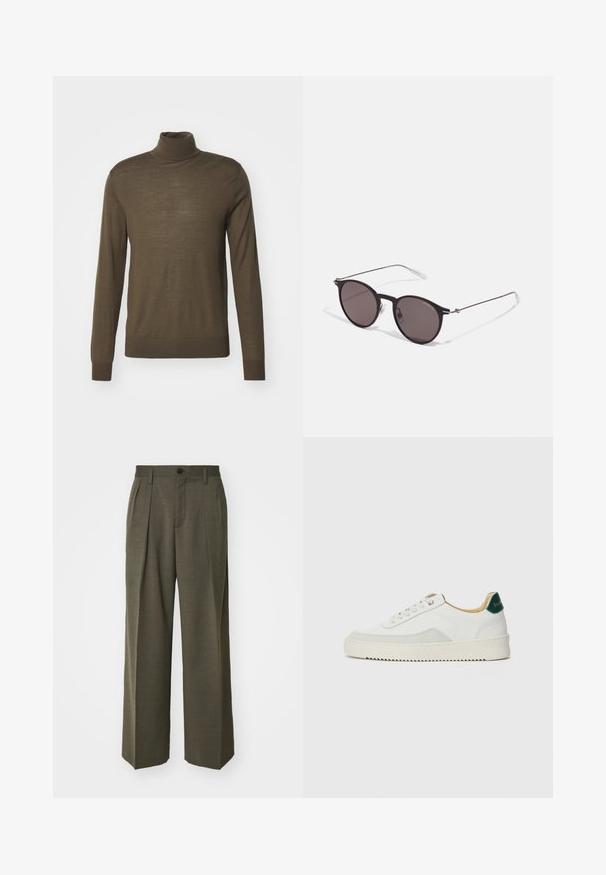 Tiger of Sweden NEVILE - Trui - october sage; Filippa K WIDE TROUSERS - Broek - driftwood; Witte sneaker met suède accenten, ronde neus, platte veters en een crème rubberen zool. Bevat groene branding op de hiel.; Zwarte ronde zonnebril met donkere lenzen en slanke metalen armen. Inclusief heldere tempelpunten en zilveren accenten bij de scharnier. Minimalistisch ontwerp.