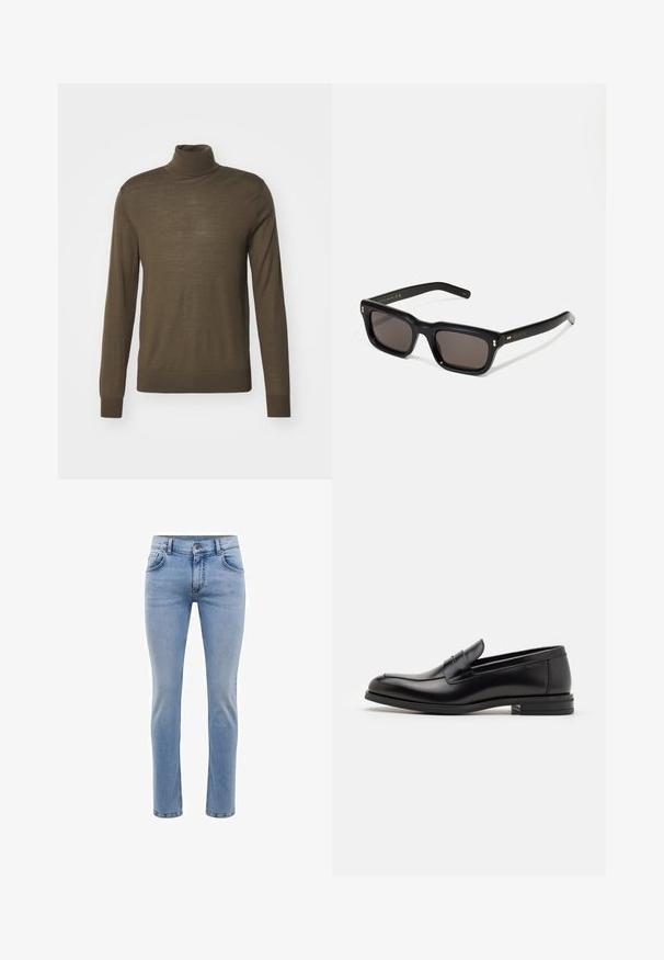 Tiger of Sweden NEVILE - Jersey de punto - october sage; Jeans de mezclilla azul claro con un corte ajustado, cinco bolsillos y un diseño de pierna recta. Cuenta con una cremallera y trabillas para cinturón. Textura suave.; Mocasines de cuero negro con una textura suave, puntera redondeada y una tira decorativa en el empeine. Tacón bajo apilado, diseño minimalista.; Gafas de sol rectangulares negras con lentes oscuros, marco de plástico grueso, acentos dorados en las patillas y logotipo de la marca grabado en el brazo.