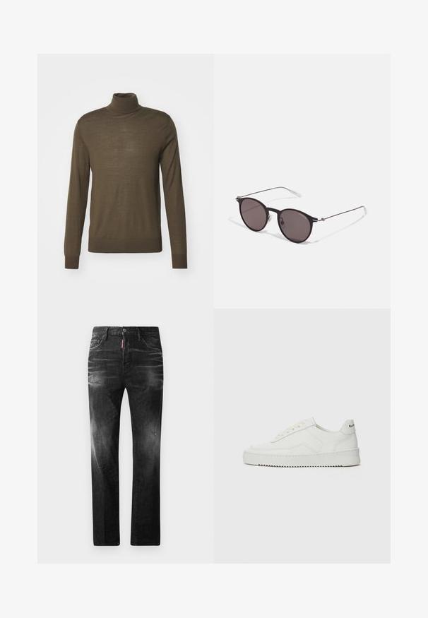 Tiger of Sweden NEVILE - Džemper - october sage; Mustad denim püksid otse lõikega. Omavad kulunud piirkondi, väikseid kahjustusi, klassikalist viit taskut ning nööpkinnitust.; Valge nahast tennis, millel on sile põhi, ümar varvas, lamedad nöörid ja tekstuuriline tall. Sisaldab diskreetset logo kontsaribal.; Mustad mustad prillid tumedate läätsedega ja õhukeste metallist käepidemetega. Kaarja kujuga seljaosa ja hõbedased aktsendid hingel. Minimalistlik disain.