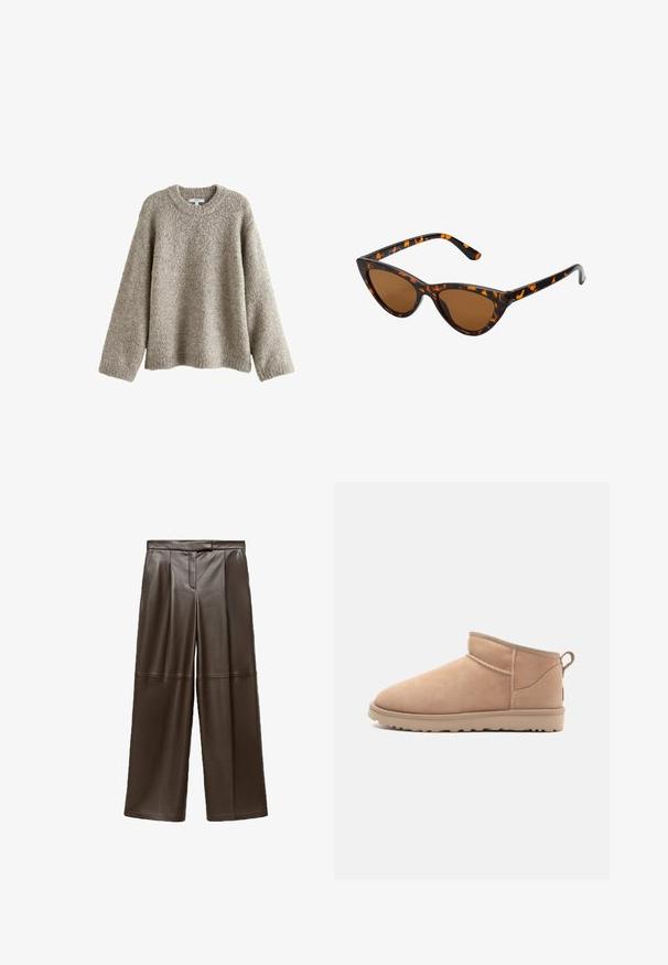 Vaaleanruskea, teksturoitu neulepaita, jossa on pyöreä kaula-aukko, lasketut hartiat ja pitkät hihat; valmistettu pehmeästä, pörröisestä materiaalista.; Ruskeat nahkahaalarit, joissa on sileä pinta, etupuolella laskokset ja klassinen vyötärödesign.; Tan suede nilon kaki dengan ujung bulat, tekstur lembut, desain sederhana, dan sol karet profil rendah. Dilengkapi dengan tab tarik di belakang.; Kattöga solglasögon med en svart och orange sköldpaddsmönstrad båge, bruna linser och slanka, spetsiga spetsar. Har en minimal logotyp på skalmen.; Ruskea mokkanahkainen olkalaukku, jossa on teksturoidun pinnan yksityiskohtia, kultaketju korostuksena ja säädettävä nahkahihna. Varustettu vetoketjusuljennalla.