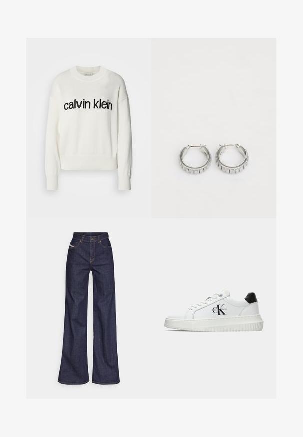 Balta megzta palaidinė su apvaliu kaklu ir ilgomis rankovėmis, su juodu "calvin klein" logotipu per krūtinę. Minkšta tekstūra, trumpesnio kirpimo.; Tamsiai mėlynos plačios kojų džinsinės kelnės iš denimo audinio su aukštu liemeniu, su oranžinėmis siūlėmis, penkių kišenių dizainu ir sagčių užsegimu.; Balti žemakulniai bateliai su juodu kulno dangteliu, platformos padu, raišteliais ir Calvin Klein "CK" logotipu šone.; Sidabrinės auskarų žiedai su tekstūruotu dizainu, turinčiu vertikalias briaunas. Apskritimo forma su saugiu užraktu. Lygi apdaila.
