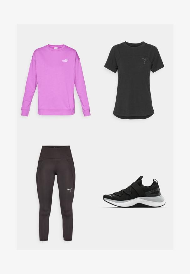 Puma SMALL LOGO RELAXED CREW - Sudadera - wild berry; Camiseta de rendimiento de manga corta negra, hecha de una tela suave y transpirable. Presenta un dobladillo redondeado y un logotipo sutil en la parte superior izquierda del pecho.; Mallas deportivas negras hechas de un material elástico con una cintura alta, que cuentan con bolsillos laterales y un logo blanco en la pierna izquierda.; Zapato deportivo negro con parte superior texturizada, correas elásticas y una suela intermedia blanca gruesa. Presenta un acento gris a lo largo de la suela.